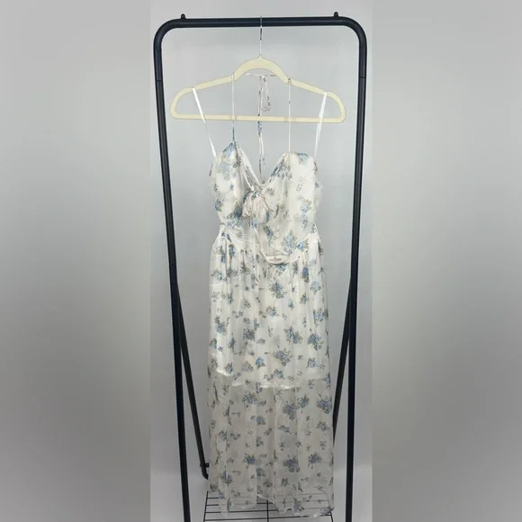 Here Comes The Sun Floral Halter Midi Dress Blue White Cutout Tie Back Sz S NWT - Picture 2 of 6